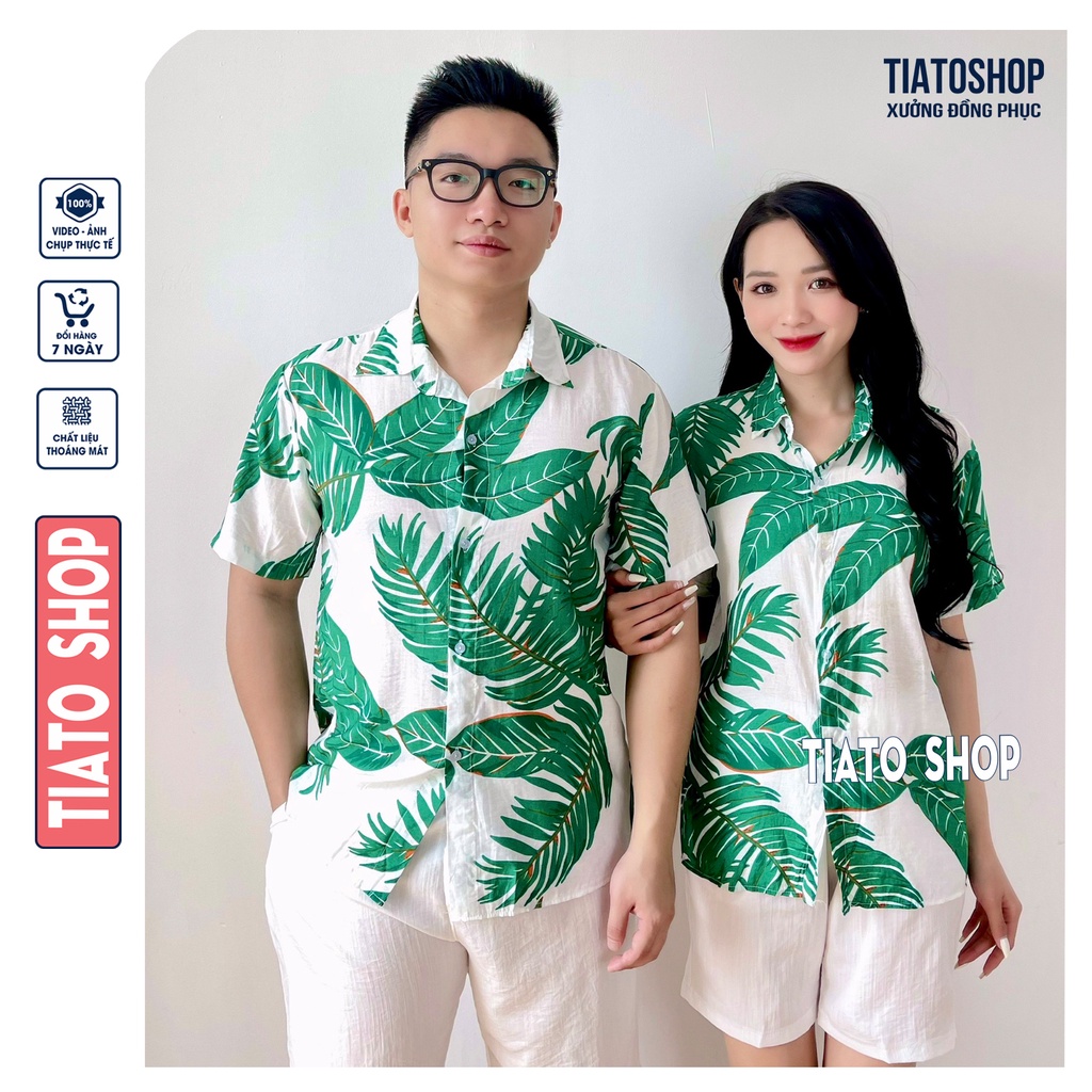 Set Đôi Áo hoa lá, Váy đầm Đi Biển, đồ đôi đi biển, nhóm nam nữ, mẹ và bé, sơ mi hoạ tiết trái cây