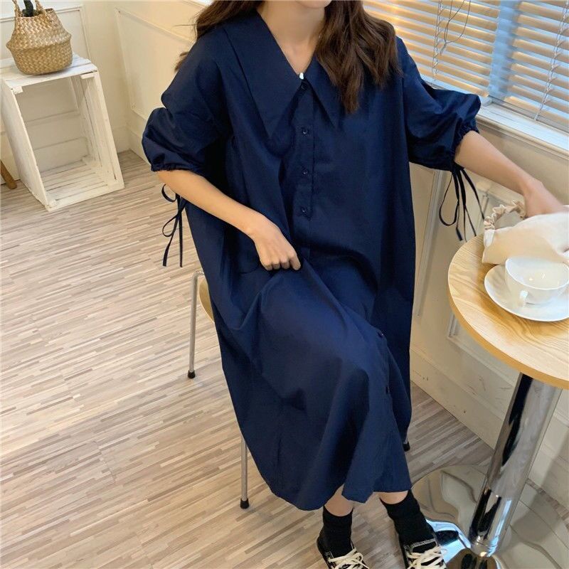 Đầm Sơ Mi Dài Dáng Rộng Tay Phồng Cỡ Lớn Thoải Mái Phong Cách Retro Hàn Quốc Cho Nữ