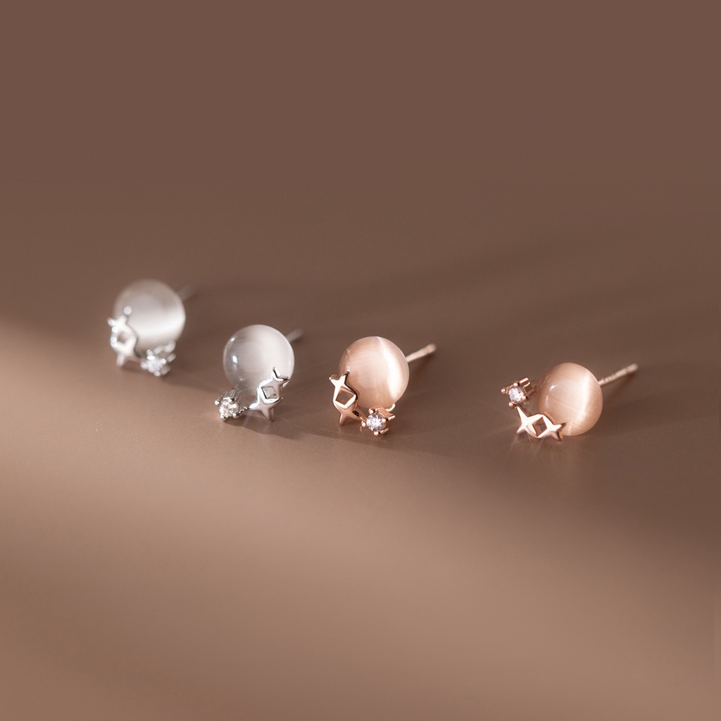 Bông Tai Mạ Bạc 925 Hình Ngôi Sao Bốn Cánh Đính Đá Opal