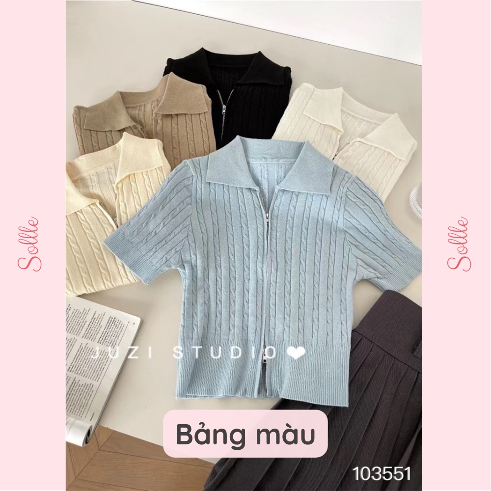Áo croptop nữ polo cộc tay cổ bẻ len khóa kéo 2 đầu cao cấp Hàn Quốc Sollle