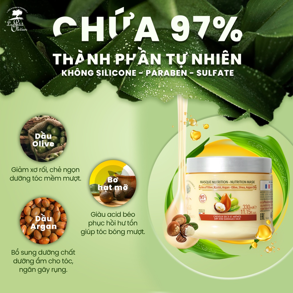 Kem ủ tóc Le Petit Olivier phục hồi và nuôi dưỡng tóc chuyên sâu tinh chất Argan, Bơ Hạt Mỡ, dầu Olive 330ml