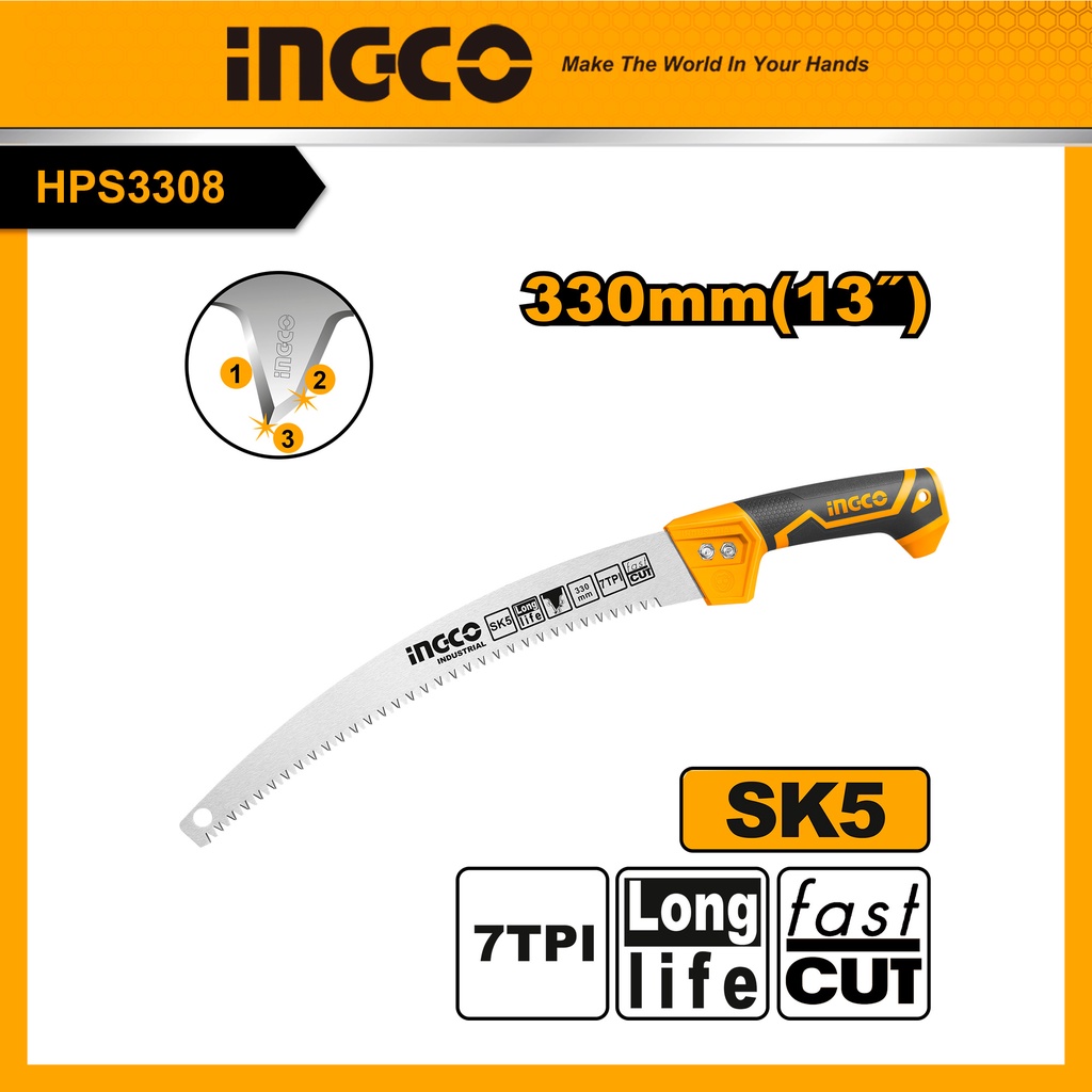 INGCO Cưa cành cầm tay lưỡi cong HPS3308 13" SK5 răng cưa xử lý qua nhiệt HPS3308