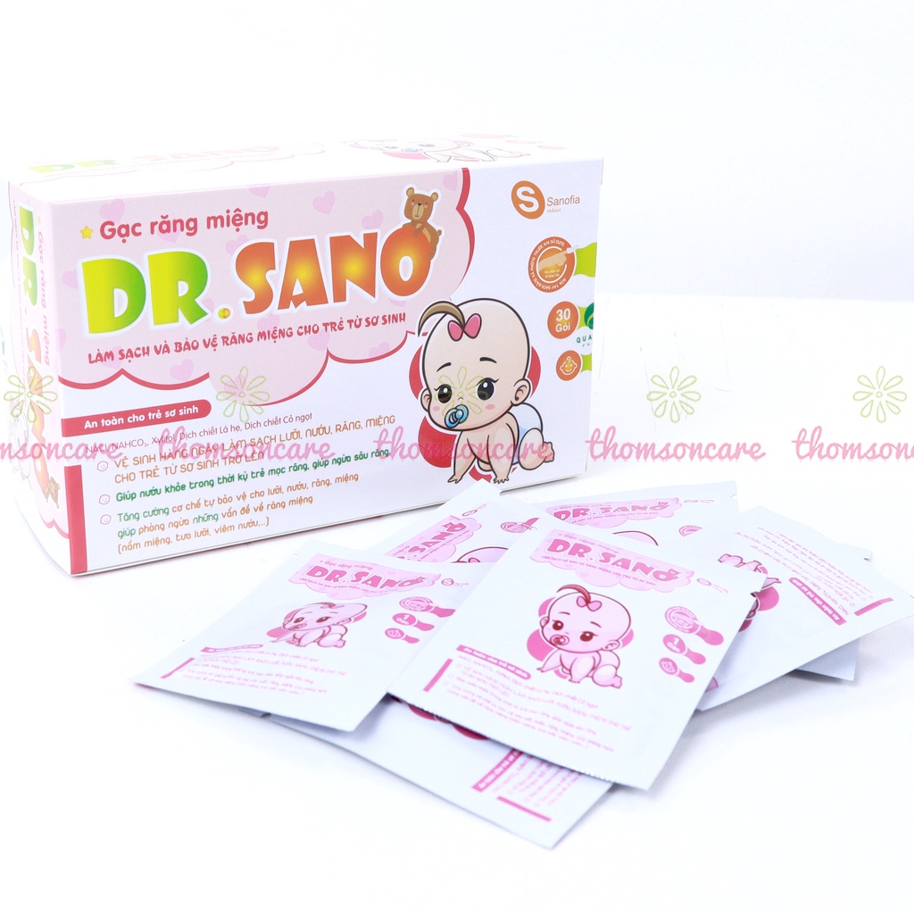 Gạc rơ lưỡi cho bé Dr Sano - Làm sạch răng, lưỡi, nướu và khoang miệng cho bé từ dịch chiết lá hẹ - Drsano Hộp 30 gói