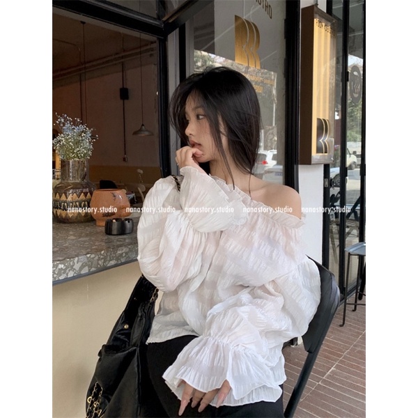 NANASTORY•ÁO KIỂU CỔ NHÚN MÀU TRẮNG TAY BÈO CHO NỮ