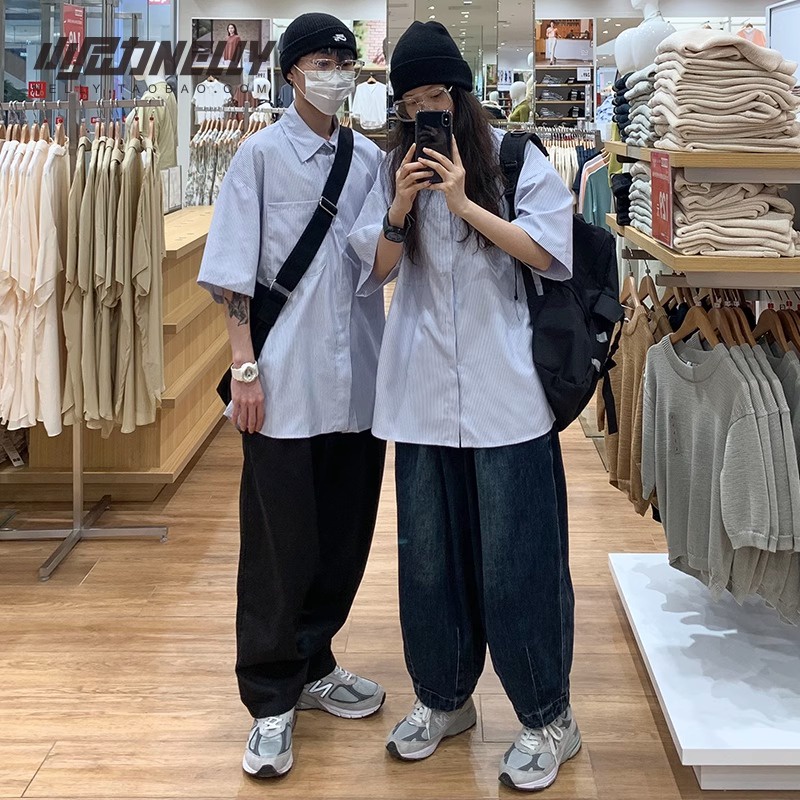Áo sơ mi kẻ nam nữ NE.LLY cotton form dáng rộng tay lỡ đi chơi đi học áo đôi
