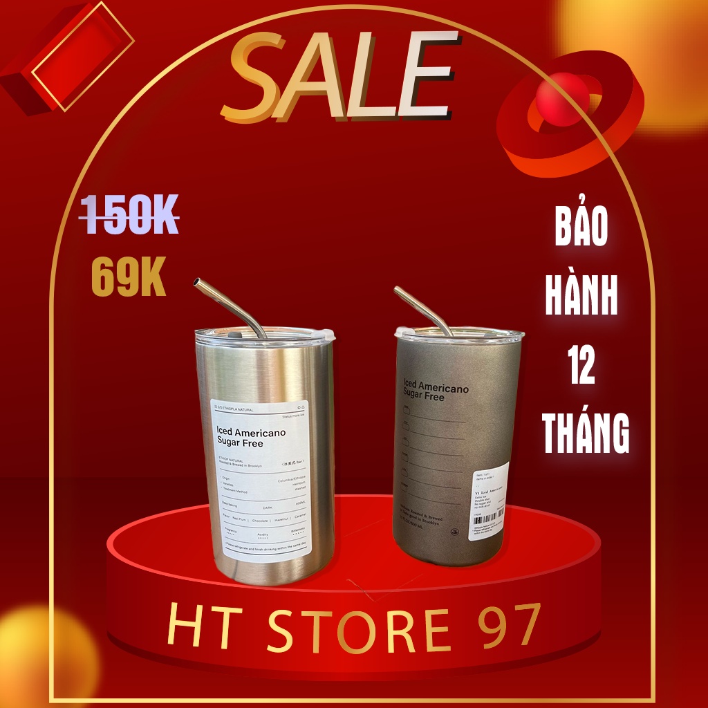 Cốc Giữ Nhiệt, Ly Uống Nước 600ML Tem In (2 Màu Trắng và Xám) Iced Americano Inox 304 Có Ống Hút Ly Uống Coffee