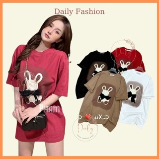 Áo Phông Oversize Trùm Mông Chất Thun Cotton Thấm Hút Mồ Hôi Họa Tiết Thỏ Thắt Nơ Đáng Yêu Form Rộng