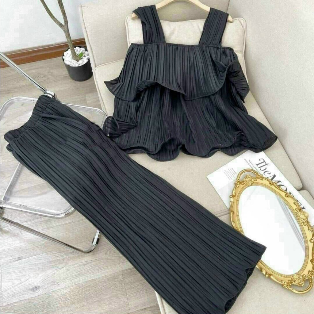 Set đi biển, set đồ nữ đi chơi áo 2 dây phân tầng phối quần ống rộng màu sắc tươi mới phong cách thoải mái cho nàng