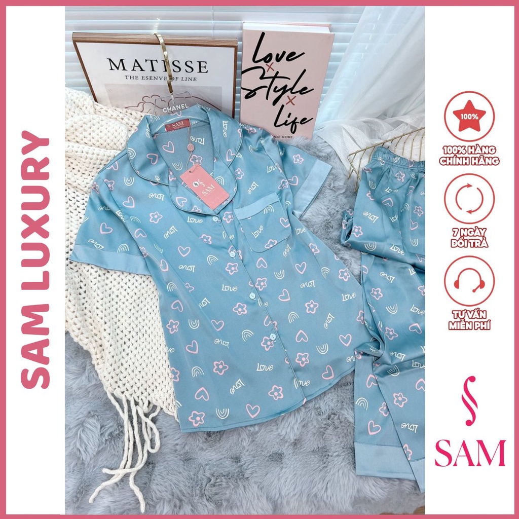 Bộ lụa mặc nhà Sam luxury, bộ pyjama quần dài tay ngắn chất lụa tằm mềm mịn