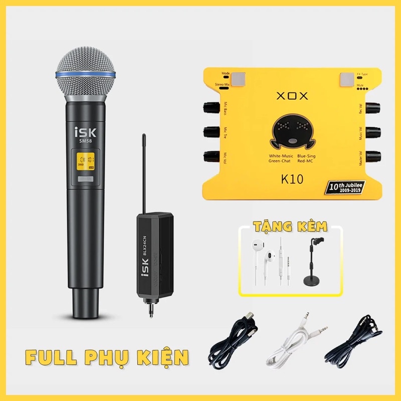 COMBO HÁT LIVE KHÔNG DÂY ISK SM58 + SOUND CARD K10 10th Tặng Kèm Tai Nghe Và Kẹp Điện Thoại