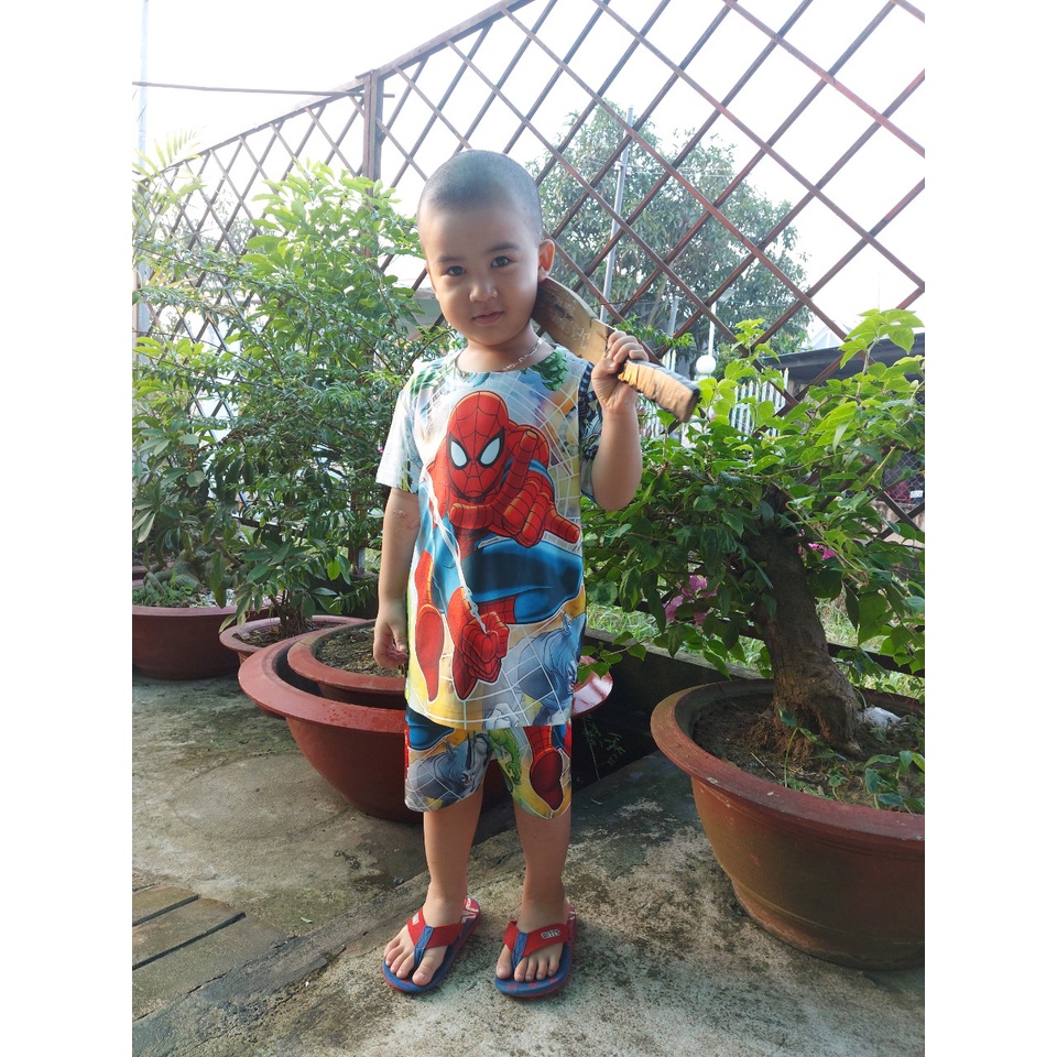 Đồ bộ bé trai, bộ thun lạnh cộc tay bé trai in 3D hình siêu nhân Người Nhện - Spider Man size đại cho bé từ 10 - 60kg