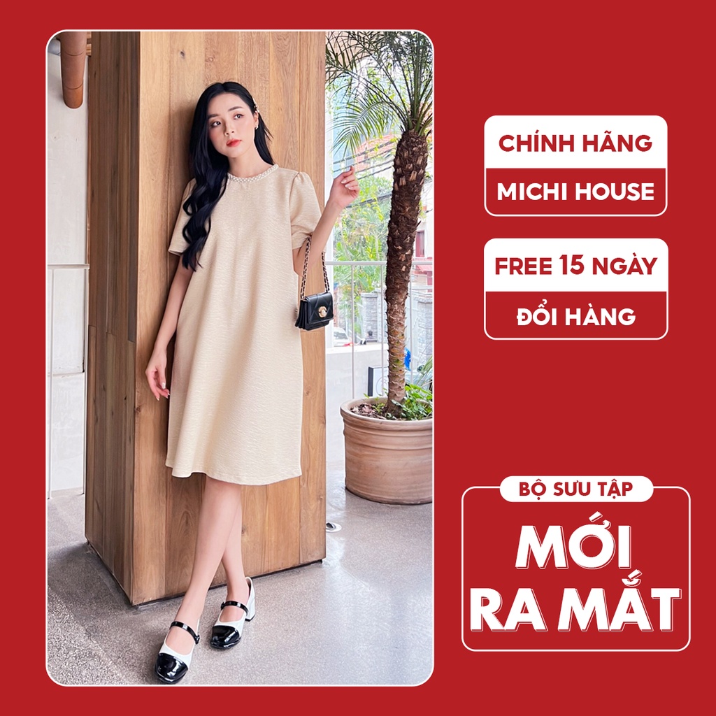 Đầm Dự Tiệc Dáng Suông Michi House Váy Xuông Chất Liệu Gấm Cao Cấp Màu Trắng Be Đi Cưới Dáng Dài Qua Gối Bigsize V340
