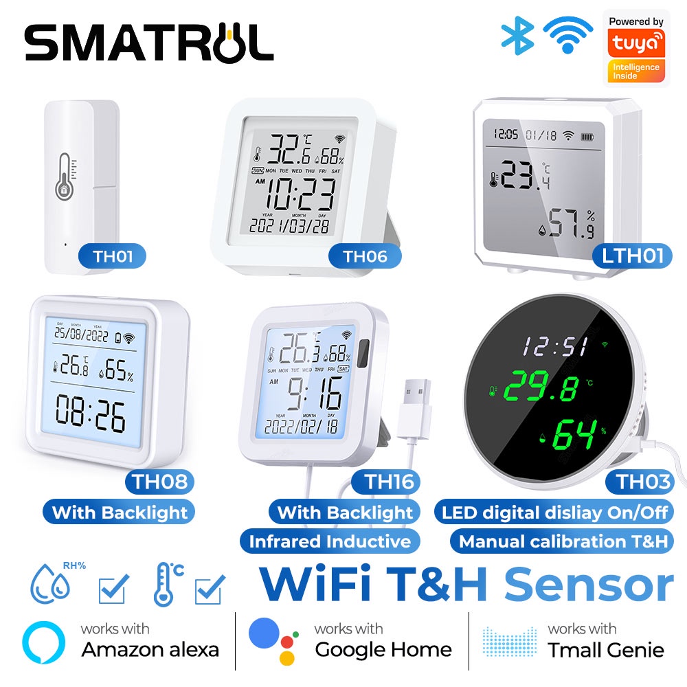 Máy đo nhiệt độ và độ ẩm SMATRUL có màn hình LCD kết nối wifi hỗ trợ Alexa Google Home