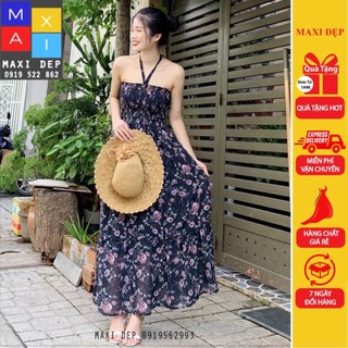 Đầm Maxi Đi Biển Cúp Họa Hoa Tím Nhạt Nền Đen Ôm Dáng( Bo Chun Ôm Dáng Maxi Đẹp)
