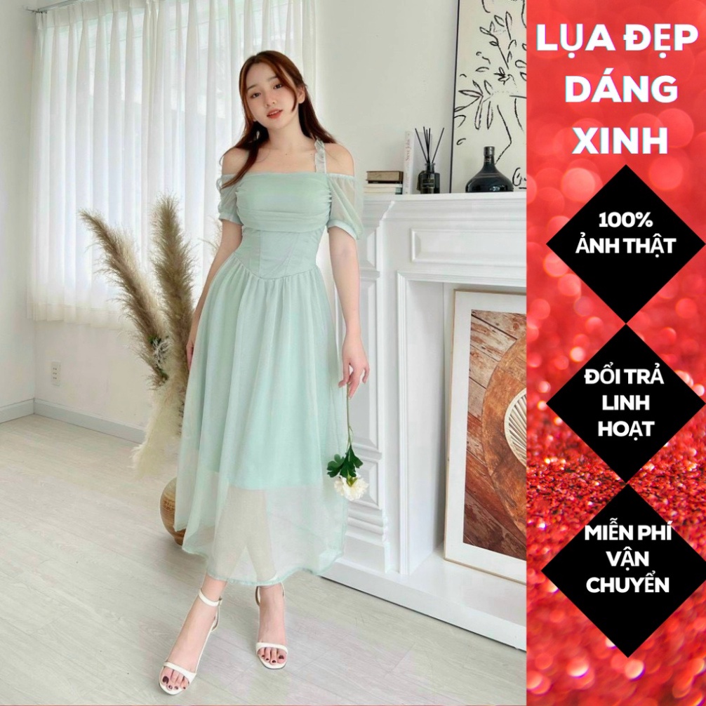 (Fom: <55kg) Đầm Midi Xanh Phối Tay Voan Dây Chéo Cổ Đầm Chữ A JL50