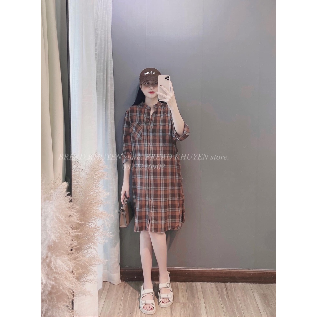 Váy sơmi cổ tàu dáng dài xẻ vạt ,đầm kẻ thô lien mềm đẹp mát mẻ nịnh da-Minxy shop