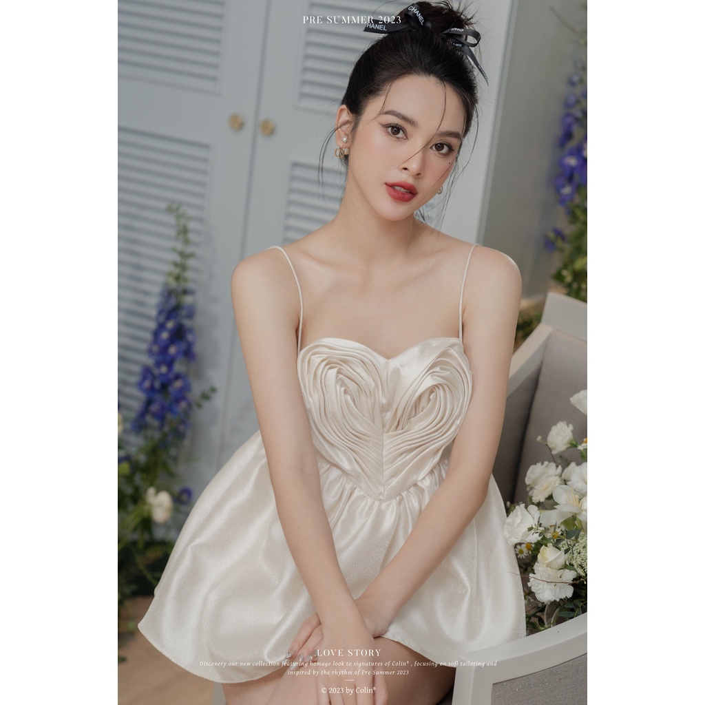 Áo 2 dây nữ tim xếp ngực tùng xòe chất taffta ánh kim