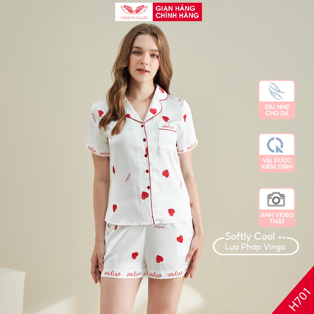 Pijama lụa đồ bộ ngủ mặc nhà cao cấp mùa hè VINGO tay ngắn quần đùi màu trắng hoạ tiết tim đỏ dễ thương H701 VNGO