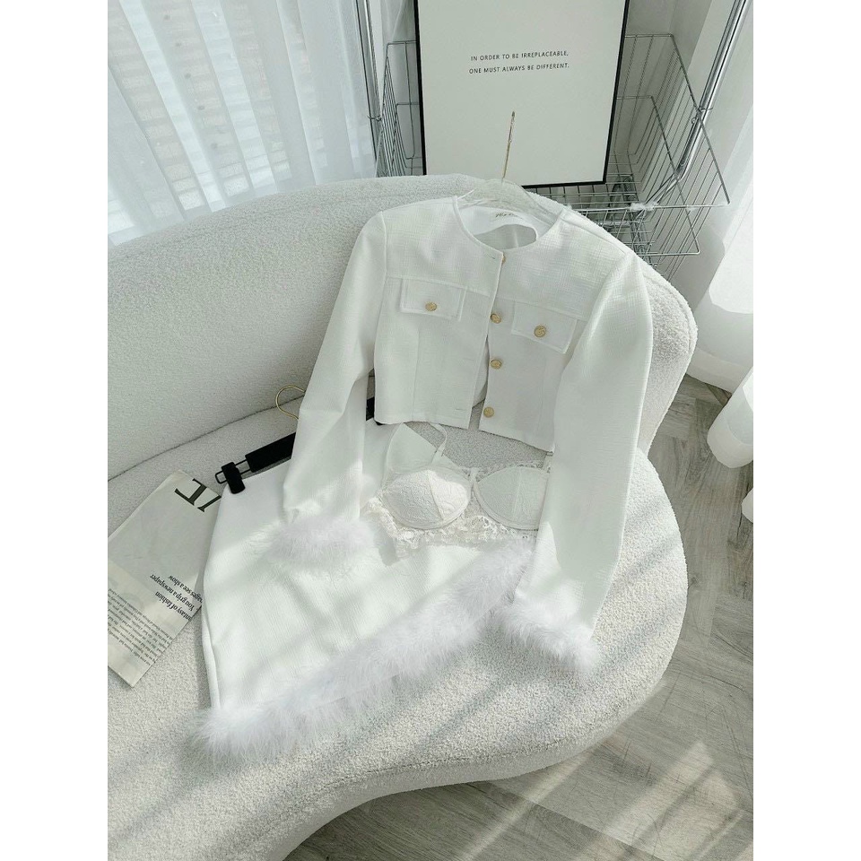 Set bộ 3 món áo khoác dạ croptop kèm bra 2 dây phối chân váy lông vũ Hari_Fashion - Mã SR265