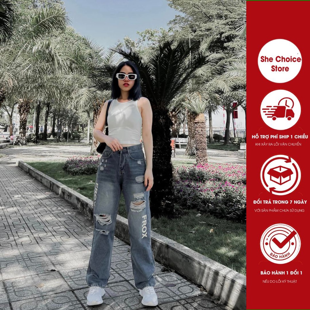 Quần Jean Ống Rộng Suông Xanh Loang Rách Gối In Chữ Mặc Đi Chơi, Đi Du Lịch Dễ Phối Với Các Áo Thun Sơmi
