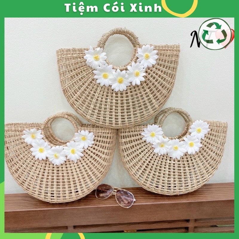 Túi Cói Đi Biển Vintage Bán Nguyệt Hoa Cúc Xách Thời Trang