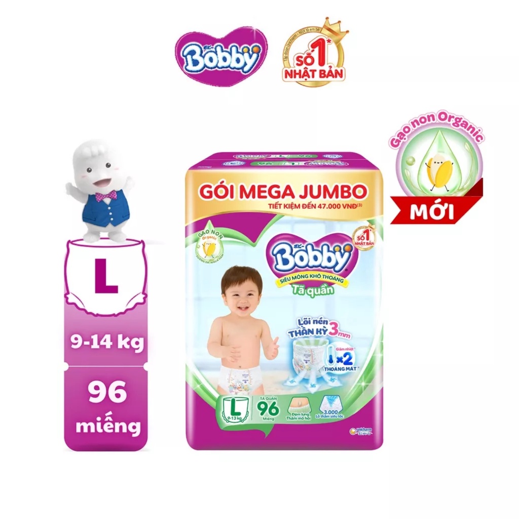 Tã/bỉm quần Bobby 3mm Gạo non Giảm nhiệt M112 L96 XL84 XXL 76