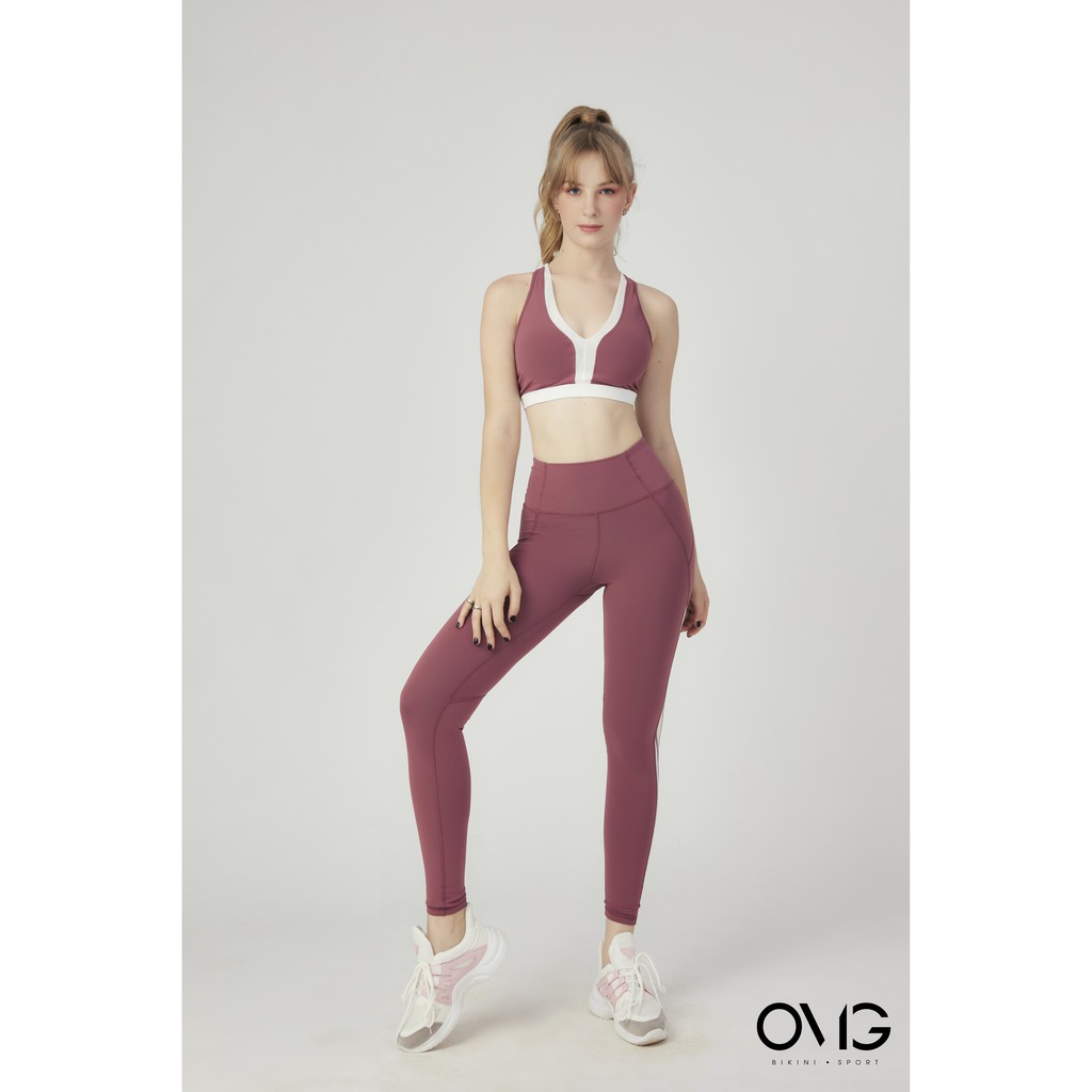 Set đồ tập Gym, Yoga OMG Sport BIKINI PASSPORT quần dài áo bra cổ V phối lưới - màu Đỏ - BG086_RD