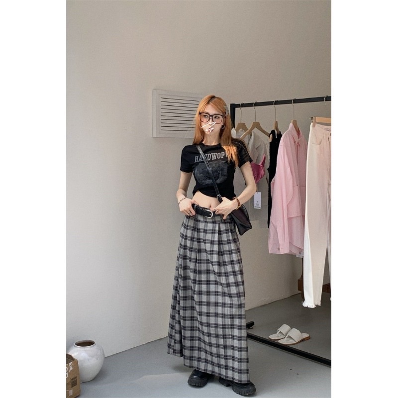 Chân váy dài caro dáng xoè y2k xếp ly