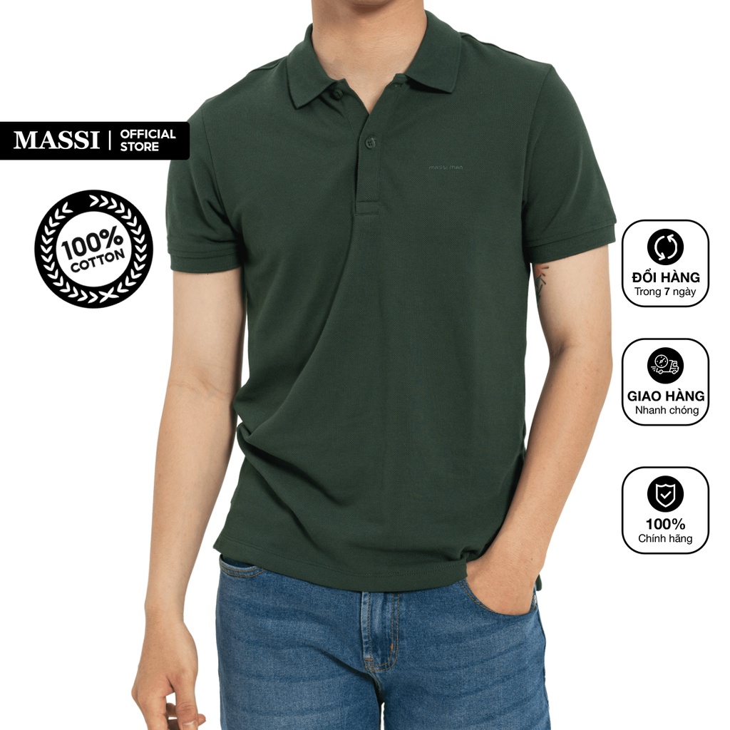 Áo Polo nam Massi 23 màu xanh rêu trơn, chất liệu vải co giãn