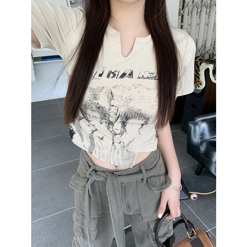 Áo Croptop Tay Ngắn In Họa Tiết Phong Cách Retro Mỹ Quyến Rũ Cho Nữ