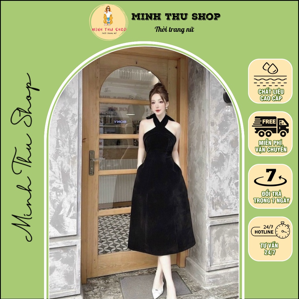 Đầm nhung Minh Thu Shop 1981 - Đầm nhung cổ yếm dáng xòe cực sang chảnh tôn dáng
