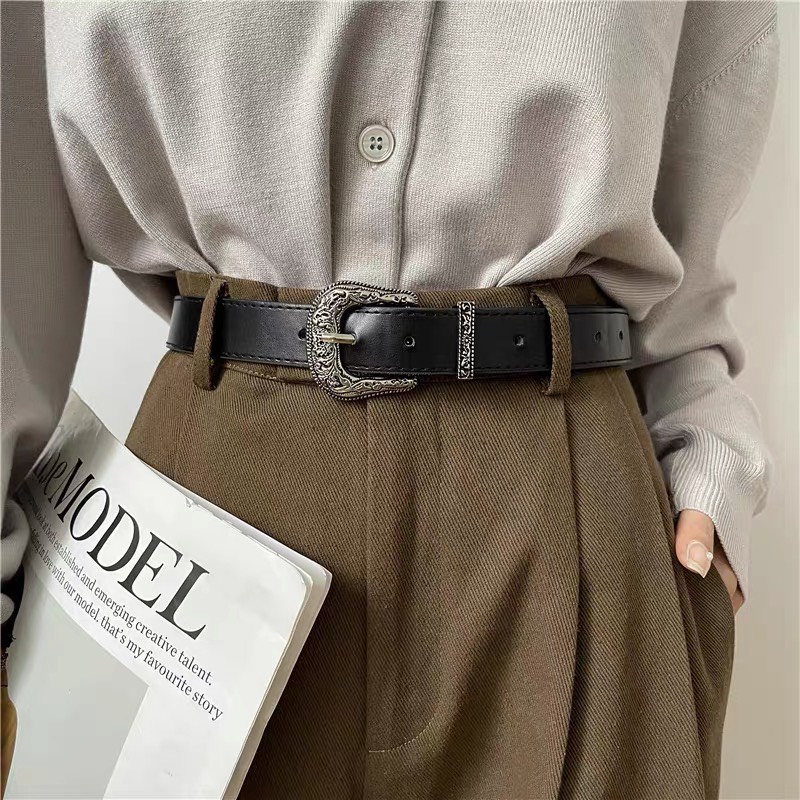 Thắt Lưng Nam Nữ Sơn Tùng bản khắc hoa văn Vintage Dây Nịt Lưng Nam Nữ Unisex Mặt Kim Loại Màu Đen Bạc Đẹp Cam Sakura