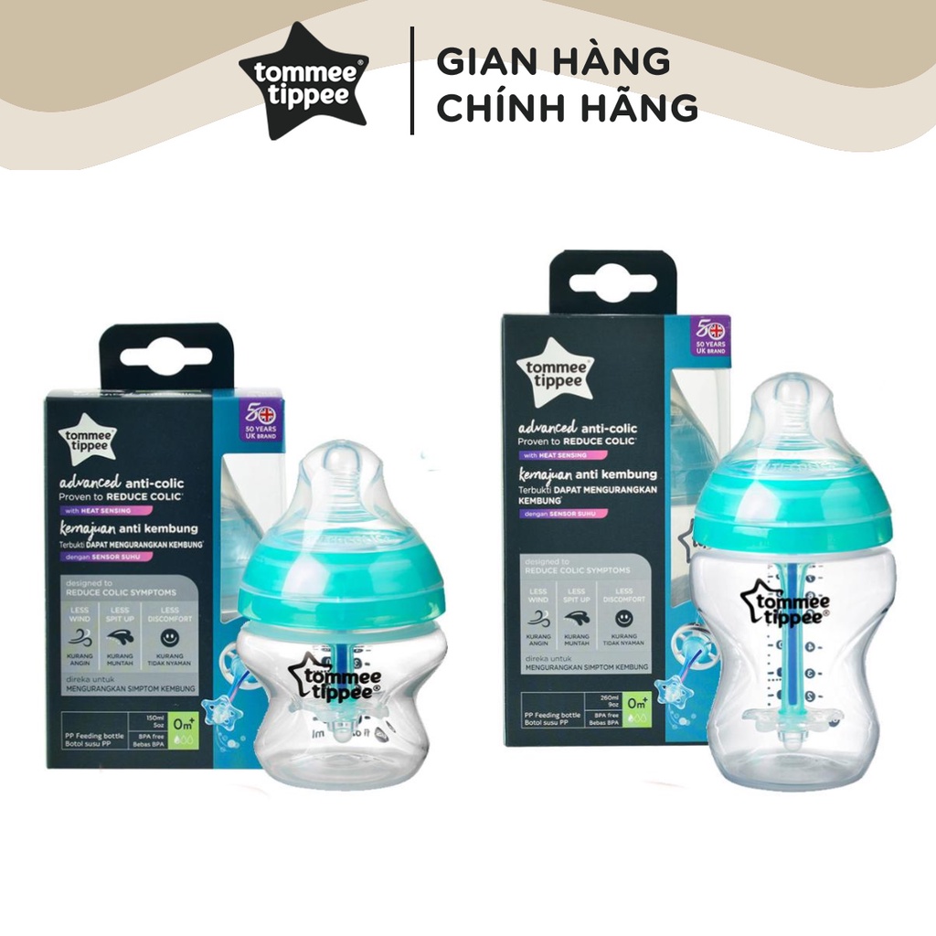 Bình Sữa Siêu Chống Đầy Hơi Kèm Báo Nhiệt Tommee Tippee 150ml, 260ml, Núm Ty Đi Kèm