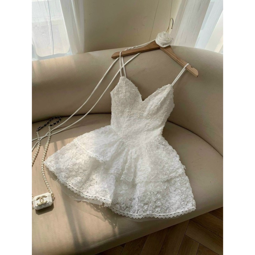 váy thiết kế - Đầm tiểu thư dây ren hoa xoè 2 tầng kèm dây hoa