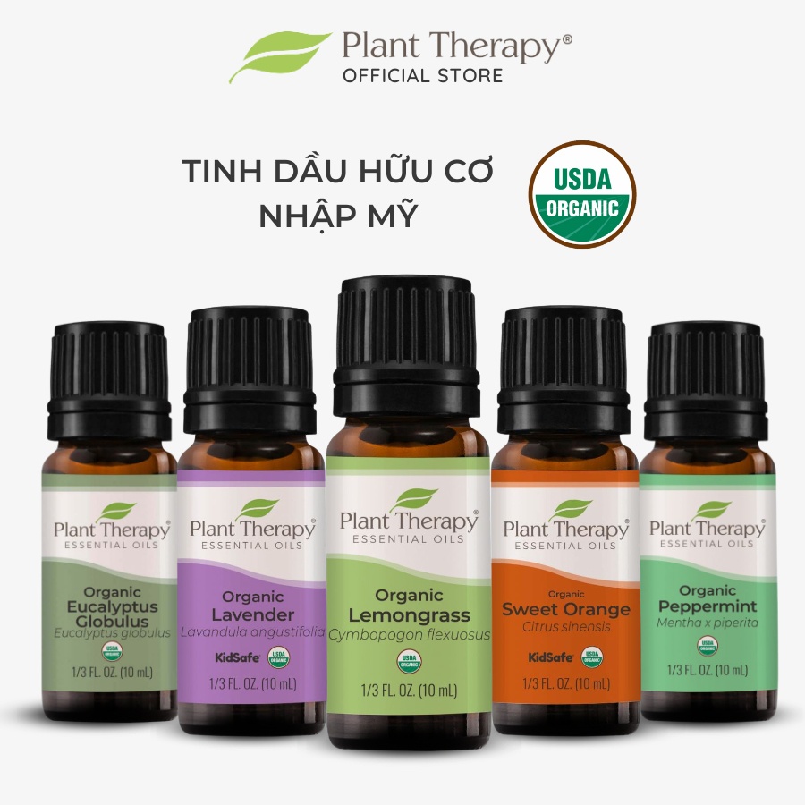 Tổng hợp tinh dầu hữu cơ Plant Therapy - Organic essential oil, Lavender Peppermint Lemongrass Eucalyptus Tea Tree 10ml