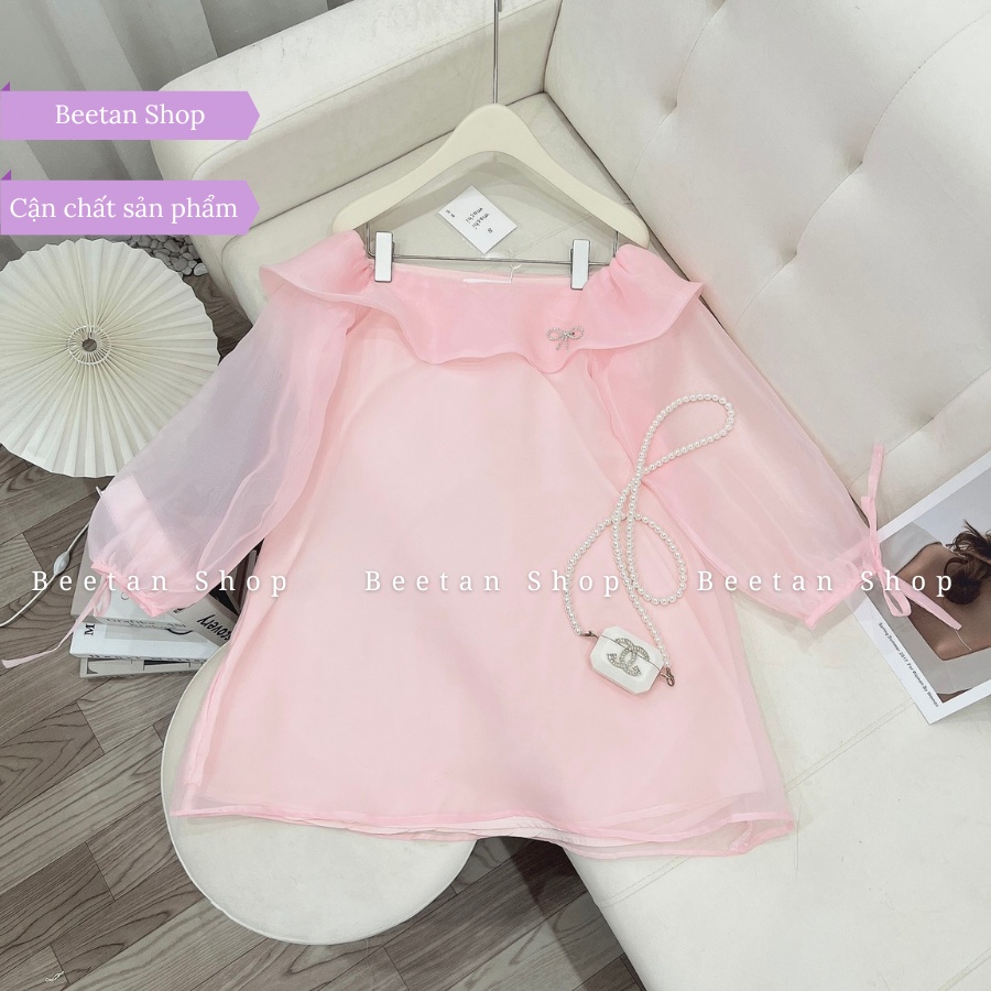 Váy trễ vai tơ kè tag nơ đá tiểu thư dài tay dáng xòe - Đầm trễ vai tơ óng D41