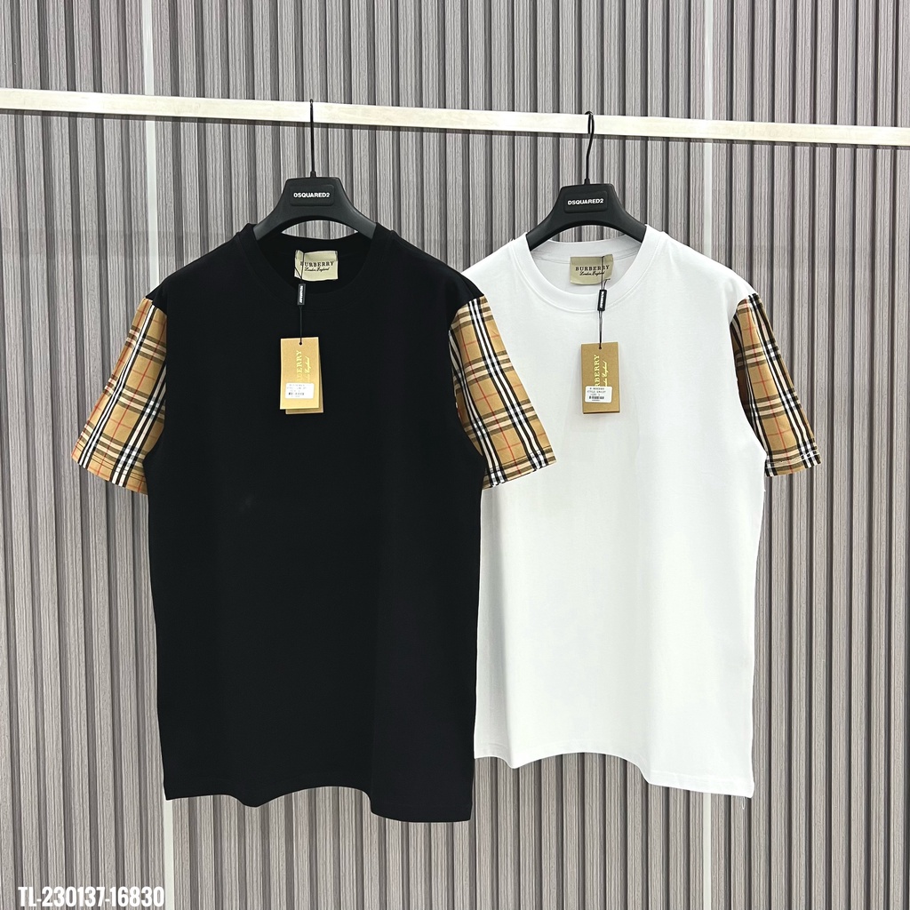 🔥Hot🔥Áo thun Burberry trơn phối tay kẻ hot trend Nam nữ New 2023