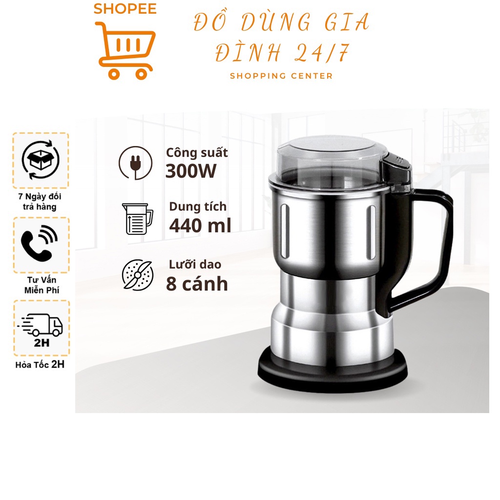 Máy Xay Hạt Khô Đa Năng, Nghiền Bột Ngũ Cốc, Cà Phê Đa Năng, Công Suất 300W, 6 Lưỡi Dao Cực Bén, Chất Liệu Cối Inox