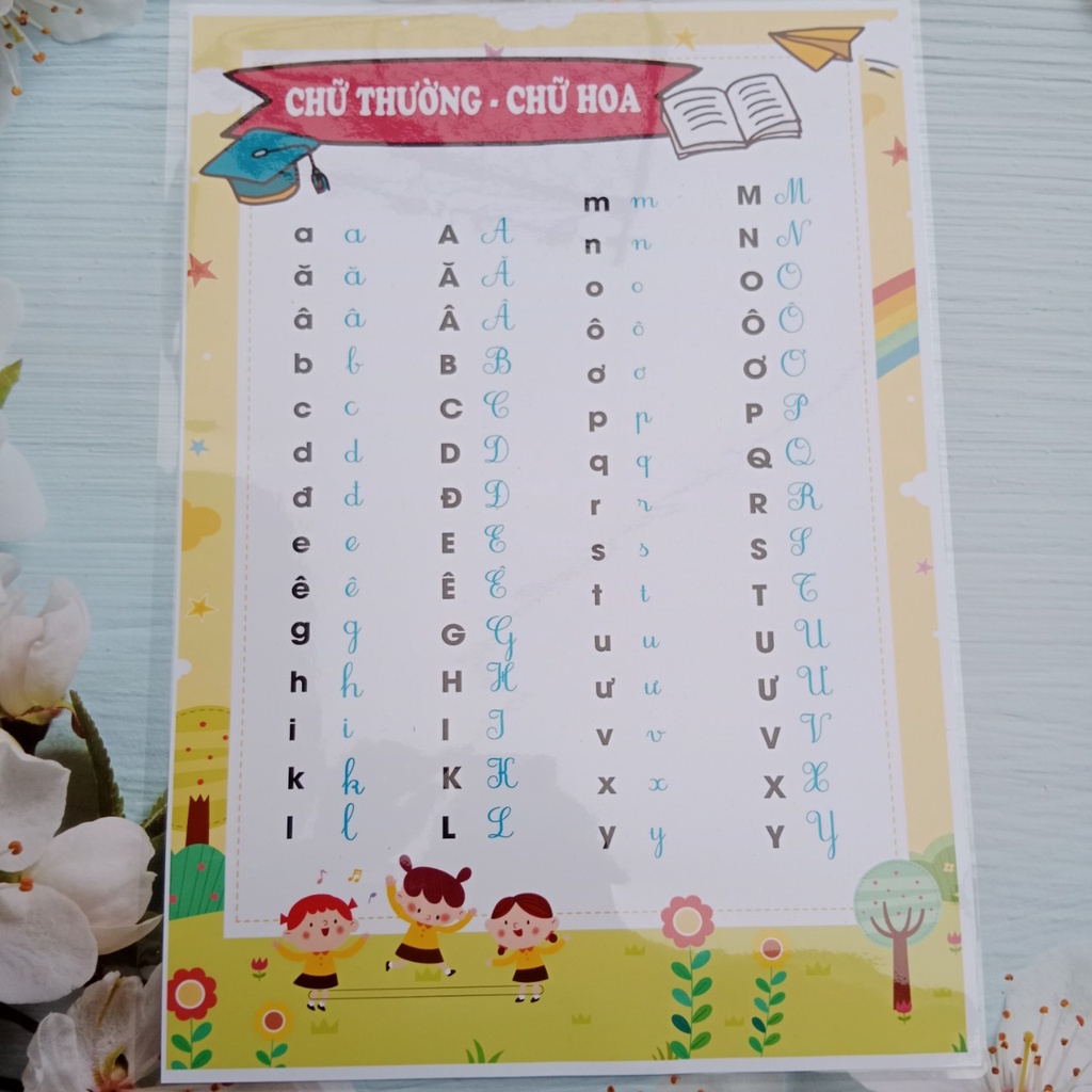 Bảng chữ hoa chữ thường, kích thước a3, ép plastic bền đẹp.