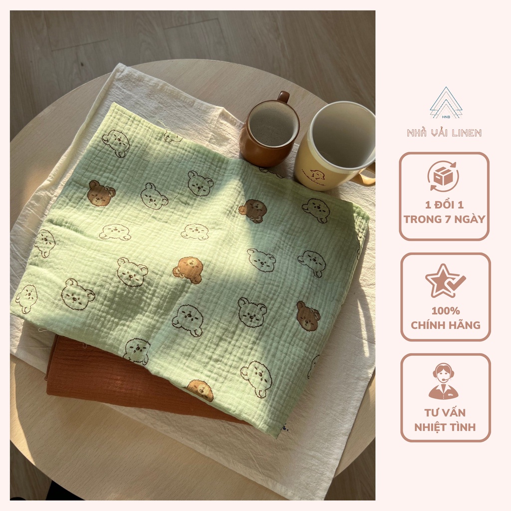 Vải Muslin Họa Tiết Gấu Xanh Mint Nhà Vải Linen Thoáng Mát Mềm Mịn Bền Đẹp Phù Hợp Cho Nhiều Độ Tuổi