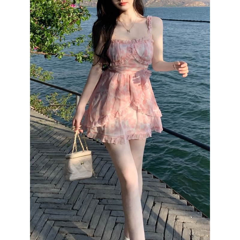 Lalisas set Đầm Dây Không Đều Thiết Kế Ngọt Ngào + Khăn Choàng Trắng Thời Trang Cho Nữ (Đặt Hàng)