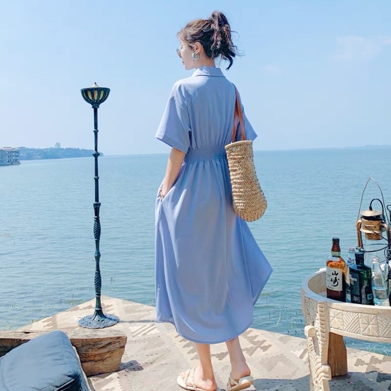 Đầm sơ mi chun eo 2 màu