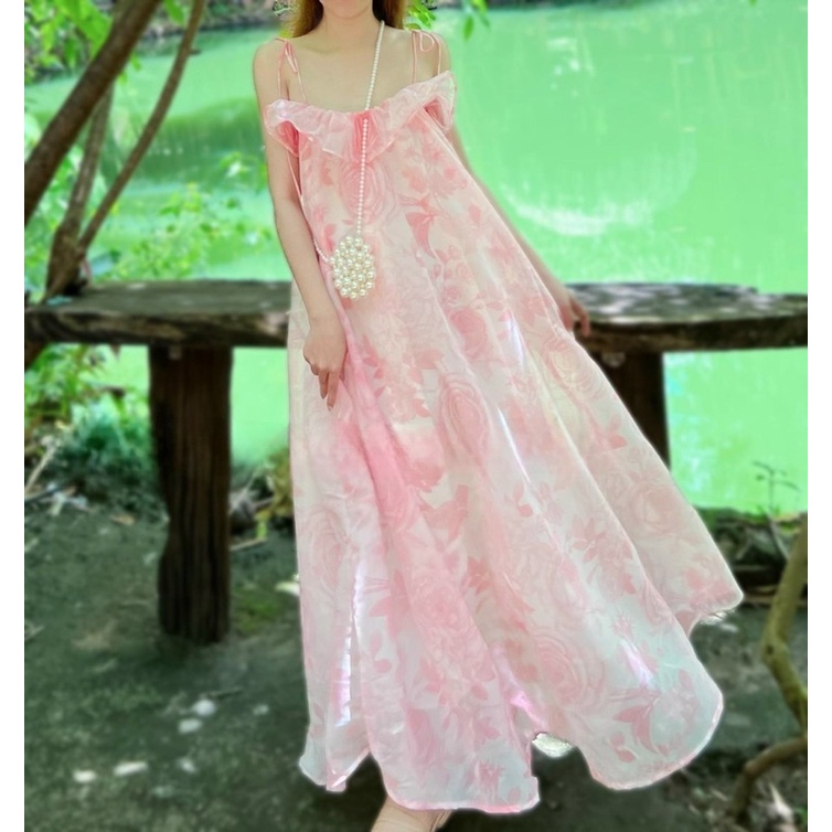 Đầm voan tơ suông bèo 2 dây hoạ tiết Hồng Vàng váy đi chơi du lịch Đà Lạt đi biển dễ thương hotgirl tk bầu bí bon chen