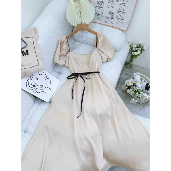 Đầm xoè dự tiệc màu nude kèm dây nơ đen