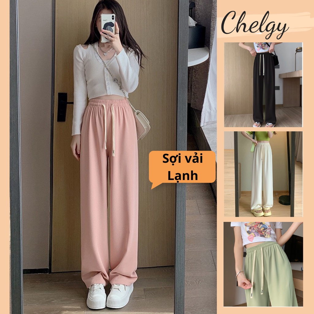 Quần ống rộng nữ Chelgy vải sợi THUN LẠNH mùa hè dáng suông, quần tây ống đứng cạp chun có dây rút bigsize CG-QVRTL102