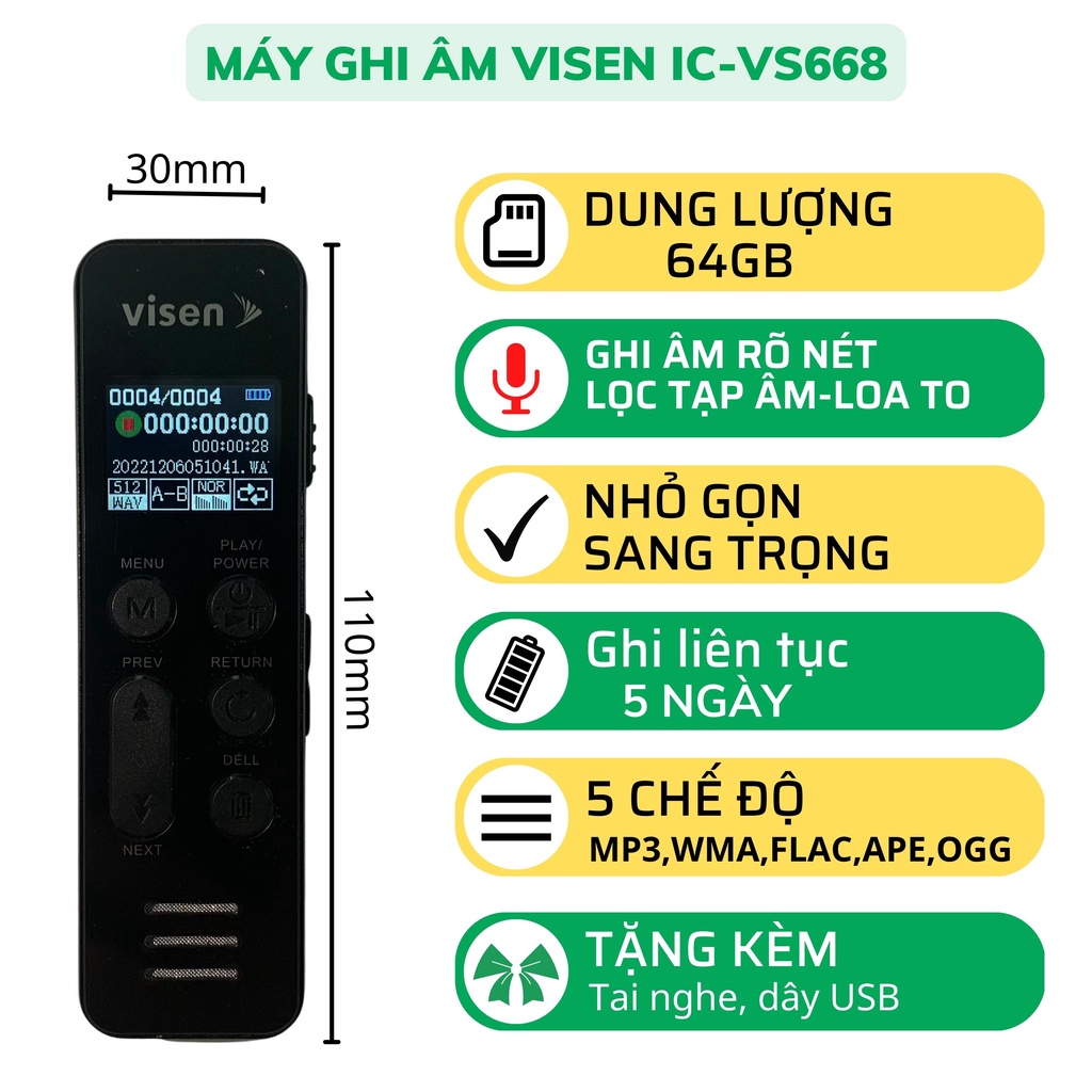 Máy ghi âm Visen V8 pro  thương hiệu hàn quốc dung lượng 128GB, thời gian pin ghi liên tục lên tới 5 ngày bảo hành 5 năm