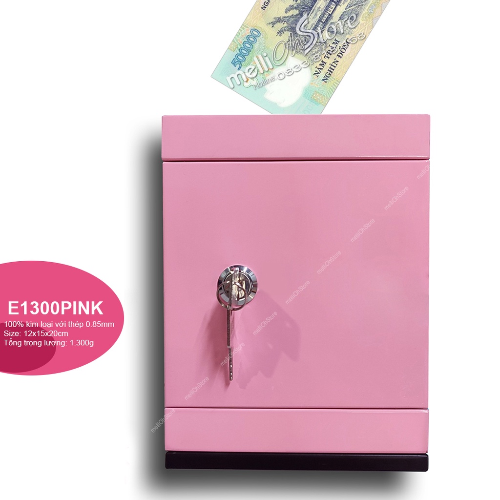 [E1300] Két sắt tiết kiệm mini Màu Hồng size 12x15x20cm, Khóa Chìa và có 2 chìa khóa