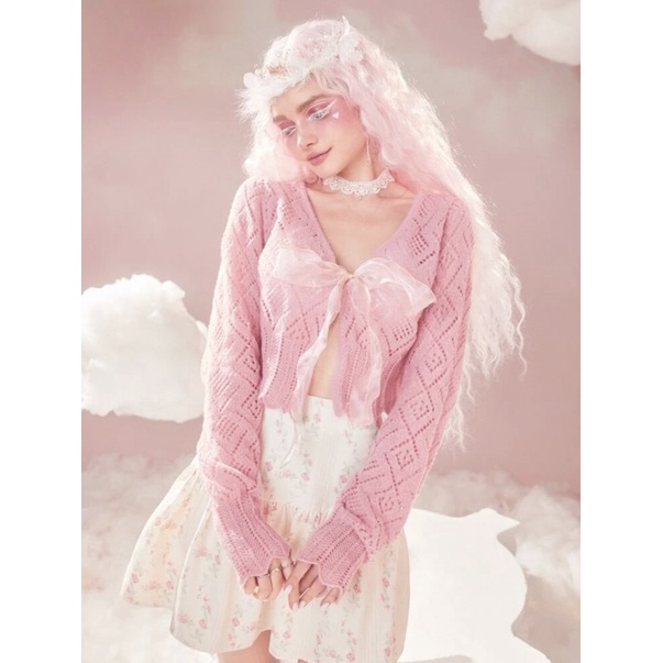 Áo Cardigans Tone Hồng - Áo Len Móc Nữ Dài Tay Dáng Ngắn Croptop Siêu Xinh