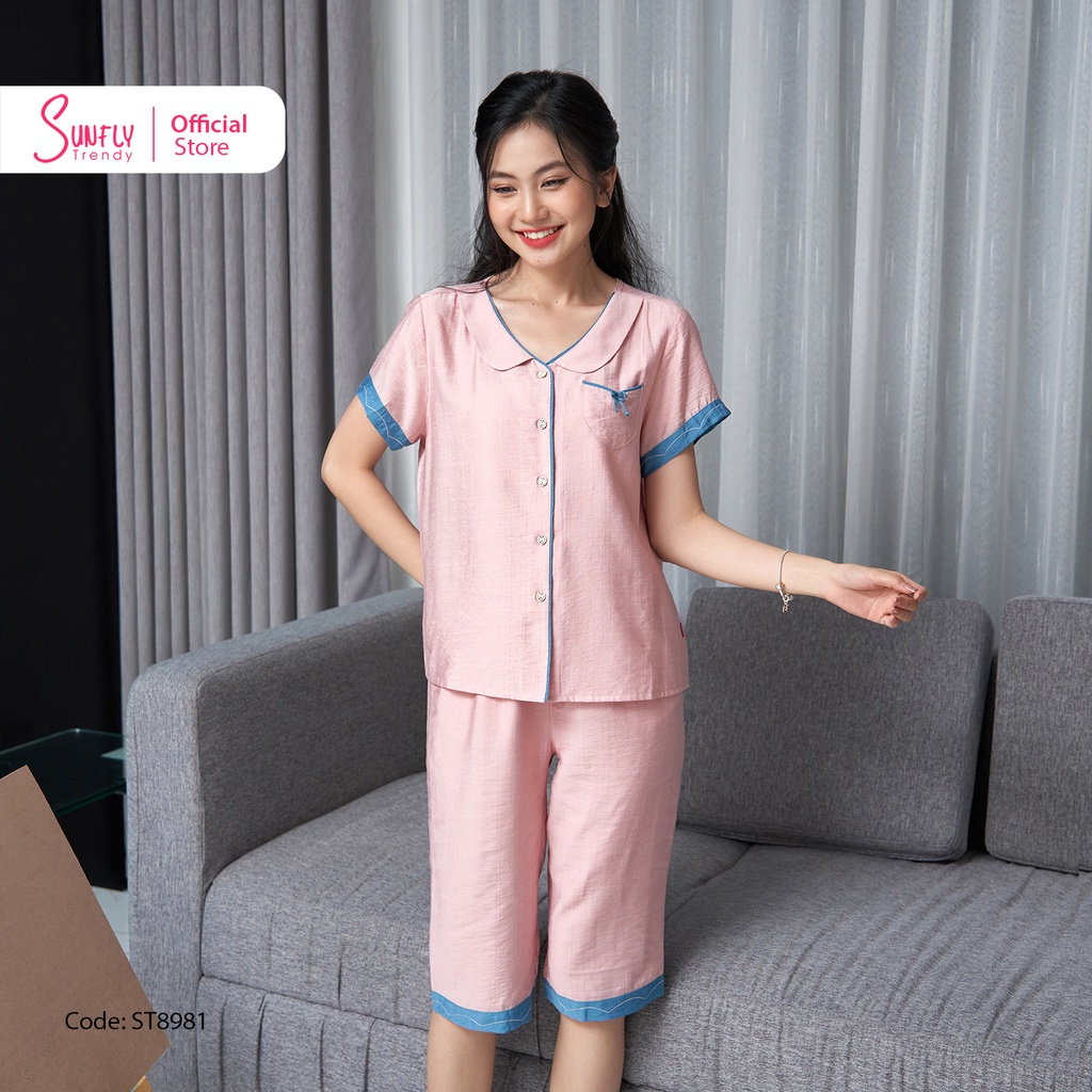 Bộ Đồ Mặc Nhà Nữ Pyjamas Linen SUNFLY Áo Cộc Quần Ngố ST8981