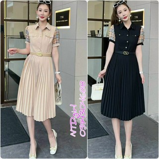 Hàng nhập - Đầm dáng xòe xô lụa xếp li phối tay caro, váy xòe cổ sơ mi công sở hay đi chơi đều đẹp